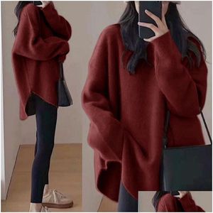 Suéteres para mujer Estilo inactivo suelto cuello redondo suéter de color sólido para mujeres 2023 otoño e invierno nuevo coreano casual abertura lateral tejido p dhqu1