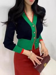 Dames Truien Koreaans Merk Mode Kleding Lange Mouw Trui Elegante Vneck Streep Slanke Luxe Vrouwelijke Korte Breien Top Tees 231204