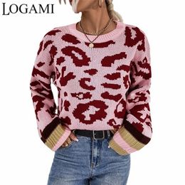 Suéteres para mujer Logami Otoño Invierno Cuello redondo Jersey Suéter femenino Contraste Color Leopardo Suéter de punto 220920