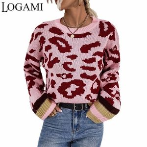 Suéteres para mujer Logami Otoño Invierno Cuello redondo Jersey Suéter femenino Contraste Color Leopardo Suéter de punto 220920