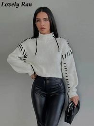 Pulls pour femmes matelassé col roulé contraste recadré pull en cachemire Mohair à manches longues pull tricoté pull hiver chaud Sweaterwear 231115