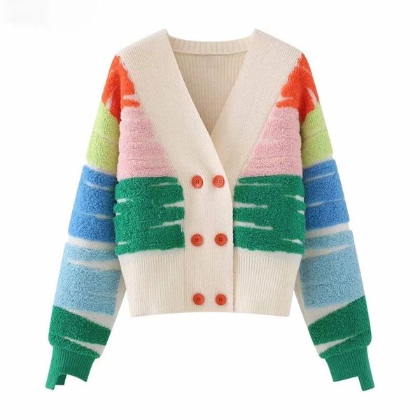 Chandails pour femmes Rainbow Rayé Pull en tricot Cardigan Femmes Double boutonnage Vneck Veste Manteau Automne Hiver Lâche Élégant Top DF4946 231204