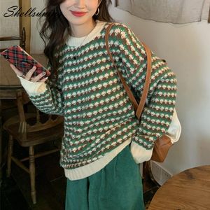 Dames truien shellsuning Koreaanse vintage losse all-match gebreide trui vrouwen casual o-neck lange mouw warme pullover vrouwelijke plaid jumpe