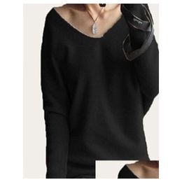 Suéteres para mujer Primavera Otoño Cashmere Mujeres Moda Y Cuello en V Chorlito Suelto 100% Lana Manga de murciélago Tallas grandes Tops de punto Drop Delive Dhg5N