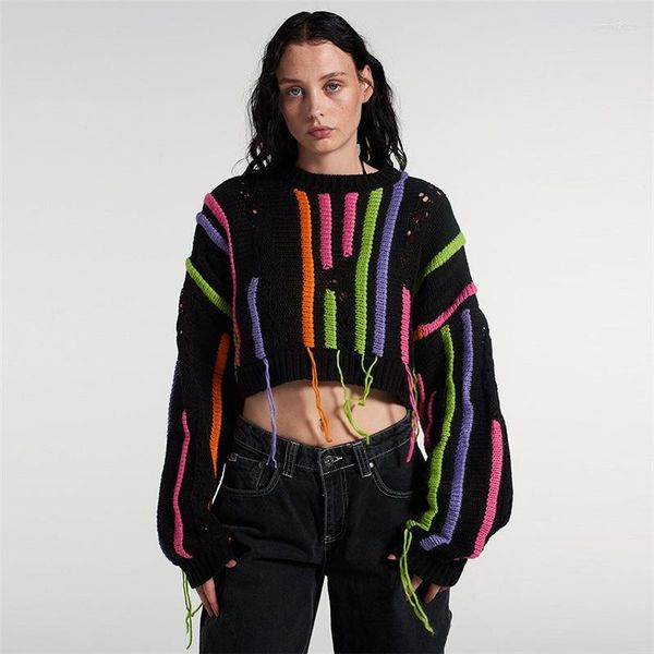 Suéteres para mujer Suéter de algodón tejido con borlas callejeras para mujer Diseño colorido Jersey con flecos a rayas Blusa holgada de gran tamaño Y2k Invierno