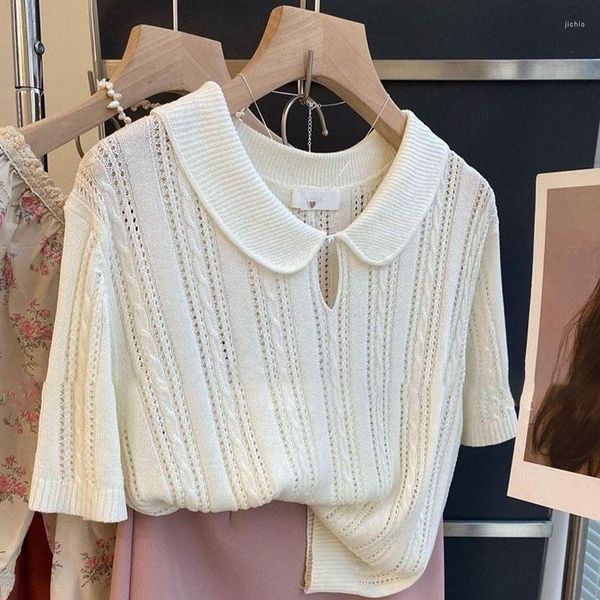 Sweaters de mujer Summer Muñeca blanca francesa trajo un suéter hueco de manga corta camiseta de manga sensación de nicho femenino blusa de seda de hielo delgado