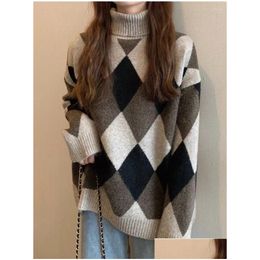 Dames truien vintage coltrui dames trui trui gebreide plover Koreaanse mode losse geruite warme gebreide jumper herfst oversized druppel dhsdm