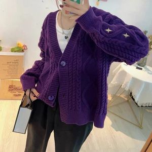 Cardigan brodé étoile rouge chaud pour femmes, pull Vintage à manches longues, violet, Crochet, léger, extensible, 231024