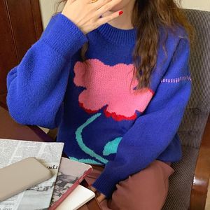 Dames truien vrouwen trui 2023 Koreaanse mode wilde bloem print ontwerp o nek pullover los dikke dikke langdurige gebreide pullovers
