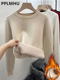 Womens Sweaters Femmes Oneck Plus velours épaissir chandails hiver mince chaud à manches longues tricoté hauts décontracté en peluche polaire doublé doux pull 231116