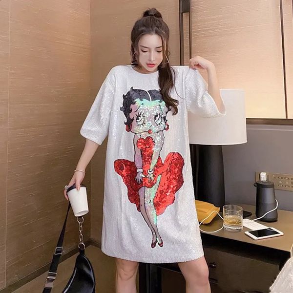 Femmes doux dessin animé paillettes surdimensionné t-shirt t-shirts à manches courtes coréen lâche copines robe d'été mi-longueur t-shirts hauts 240129