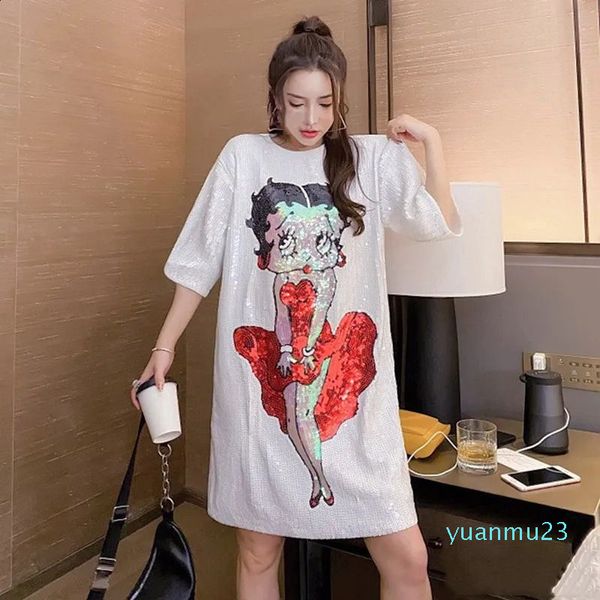 Femmes doux dessin animé paillettes surdimensionné t-shirt t-shirts à manches courtes coréen lâche copines robe d'été mi-longue t-shirts hauts