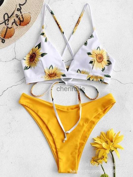 Traje de baño para mujer 2023 Nuevos vestidos con estampado de girasoles Conjunto de bikini para mujer Traje de baño Sexy Tallas grandes Traje de baño Vendaje de playa Bikini Mujer YQ231214