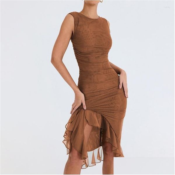 Traje de baño para mujer Traje de baño Er Ups Mujeres Vestidos de verano Vestido largo Moda coreana Verano 2023 Cuello redondo Sin mangas Volantes Drop Dhemn