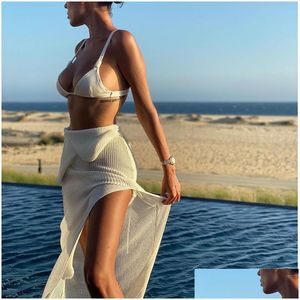 Traje de baño para mujer Playa Red de pesca Vestido sólido transparente Sarong Wrap Y Bikini Er-Ups Túnica larga Casual Elegante Mujer Use traje de baño E DHJW4