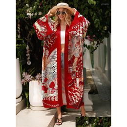Maillot de bain pour femmes Er-Up Beach Kimono ample grand maillot de bain soyeux Er Up rouge imprimé Sarong caftans pour femmes Tuics Pareos livraison directe