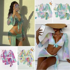 Maillot de Bain Femme Maillot de Bain 3 pièces Confortable Tie Dye noué Maillot de Bain Push Up Wrap Beachwear Rassembler Le Bikini avec des Couvertures