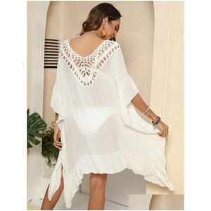 Swimwear Womens Large Taille Er Ups White Tricoted Sarong Beachwear Flounce Beach Tunic Cape Back Bathing Assuise for Women 2023 Drop de Dhnii