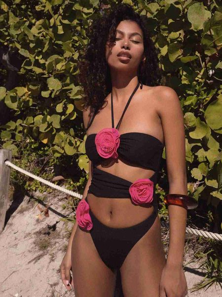 Traje de baño para mujer Nuevo 3D Rose Traje de baño de flores tridimensional Mujer Cintura alta Bikini sexy Color puro Ropa de playa dividida YQ231218 VL8X