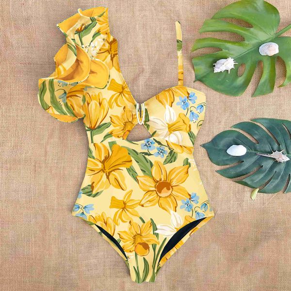 Traje de baño para mujer, recién llegado, traje de baño de una pieza con un solo hombro y volantes, traje de baño para playa Tropical con estampado Floral para verano j