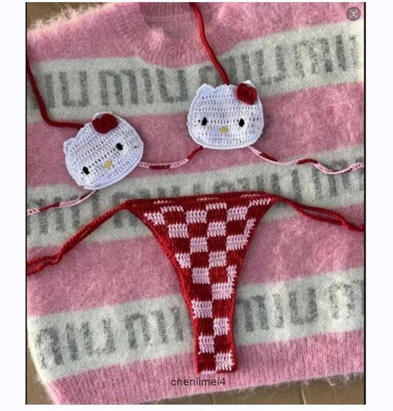 Swimwear Womens Pink Micro Bikini Crochet Bathing Fssue Rouge pour 2024 Femmes Summer Mignon Vacation Tenue de vacances Handmade Beachwear