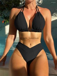 Swimwwear Womens Plus Size Beach Bikini Black Sexy Sexy Halter Push Up Swimsuit 2 Pieces sets 2024 Summer Women Bathing Troishing