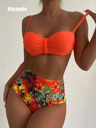 Traje de baño para mujer Riseado Bikinis de cintura alta Mujer Traje de baño Sexy Push Up Mujeres Conjunto de bikini naranja Traje de baño con estampado floral 230327