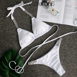 Traje de baño para mujer, Bikini Sexy de cristal blanco con diamantes, traje de baño Bandeau cruzado para mujer, conjunto brasileño, traje de baño con cuello Halter Q3DT