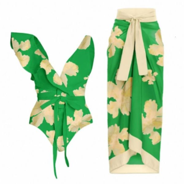 Femmes maillots de bain maillot de bain femmes avec couverture nœud papillon vert Floral maillots de bain luxe élégant brésilien plage maillot de bain 230620