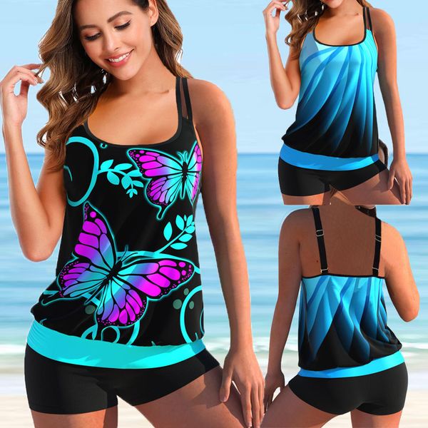 Traje de baño para mujer, conjuntos de Tankini, trajes de baño Monokini para mujer, traje de baño, Bikinis, ropa de playa, estampado Sexy, camiseta sin mangas de dos piezas de talla grande xl Fit