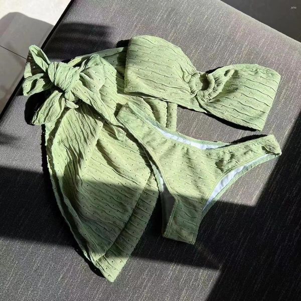 Traje de baño para mujeres Tres piezas traje de baño bandeau bikinis 2024 vestido verde empuje bikini set niña ropa de playa bañera verano