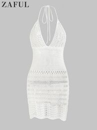 Traje de baño para mujer Trajes de baño para mujer Halter Escote en V profundo Cubrir Ups Crochet Baño Borla Bikini Punto Vestido de playa Sin espalda Ropa de playa 230620