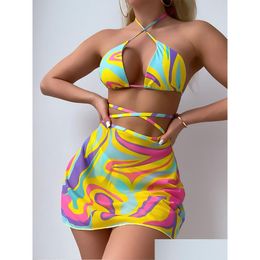 Damesbadmode Dames bedrukt kruis met veters, hangende nek mesh gaas rok strand bikini badpak driedelige set voor drop d Dhh