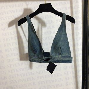 Dames t-shirt ontwerpers t-shirts ondergoed met metalen badge mode diep v denim sling buis tops vrouwen kleding
