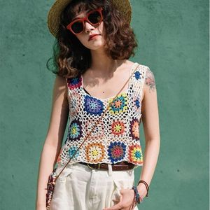 T-shirt pour femmes Crop Tops sans manches Colorful Hand Crochet broderie OpenWork Treer Top Summer Camis Streetwear Y2k 230530