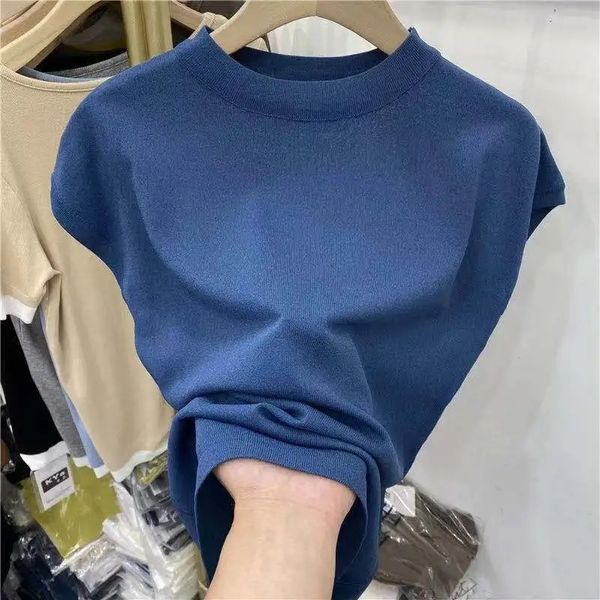 T-shirt femme Ice Silk Tops Femmes Plus Taille Tee Blanc Tricot Été Mode Pure Couleur Manches Courtes T Lady Slim Femme T-shirts Top 230331