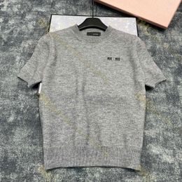 T-Shirt femme Lettre logo jacquard col rond manches courtes pull haut tricoté S-L