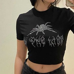 Camiseta para mujer Punk Vintage Rhinestone Spider Goth Graphic T Shirt Mujer Estilo Y2k Crop Top Camiseta con cuello redondo Ropa de calle negra Camiseta de manga cortaephemeralew