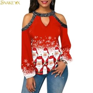 T-shirt femme SNAKE YX imprimé jour de Noël, épaules dénudées, col licou, manches longues, haut ample, 220829