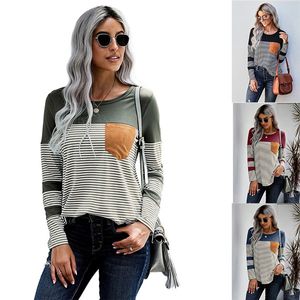 Womens T-shirt Gestreepte Pocket Lange Mouw Top Lente Herfst Vrouwen Tee Shirts Casual O-hals Vrouwelijk Losse Tops Patchwork Tee