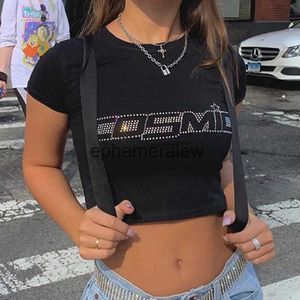 Camiseta de mujer Tops de verano Mujeres Punk Vintage Rhinestone Cosmic Letter Tshirt Black Goth Goth Clother Harajuku O-Check Slewe Short Top Tophephemeralew