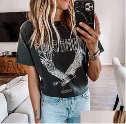 T-shirt pour femmes Super chic Summer Round Plover Cotton Womens Black Bing Eagle Print Tee Za Drop Livrot Delivery Vêtements Tops T DHNKT79