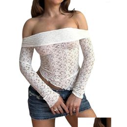 T-shirt Femme T-shirts Sheer Mesh Voir à travers le col rond Slim Fit Blouse Femme Élégante Dentelle Florale Manches Longues Chemise Haute Y2K Drop D Otqbj