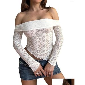 T-shirt Femme T-shirts Sheer Mesh Voir à travers le col rond Slim Fit Blouse Femme S Élégante Dentelle Florale Manches Longues Chemise Haute Y2K Drop D Ot4Dj