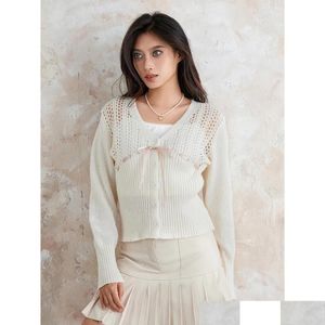 T-shirt Femme T-shirts Femmes Bouton Down Pull Cravate Bow Front Col V Tricot Crop Cardigan Mignon Creux Out Sweet Jumper Plover Top Drop Otejy