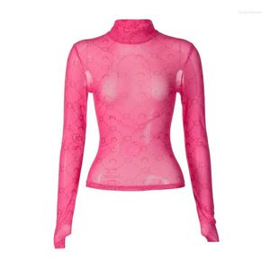 T-shirt pour femmes t-shirts femmes en maille transparente tops automne femelle à manches longues dye imprime