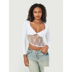 T-shirt Femme T-shirts Femmes Y2K Dentelle Top à manches longues Y Mesh Voir à travers Floral Slim Fit Col V Cropped Sortir Streetwear Drop Del Otfzk