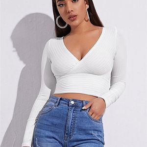 Femmes T-shirt Femmes Casual Solide À Manches Longues Crop Tshirt Mode VCollar Nu Midriff Stretch Tops Côtelé Tricoté Élastique Slim Skinny Tees 220902