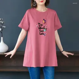 Femmes T-shirts 2024 Femmes Été Papillon Imprimé Floral Surdimensionné Coton T-shirt Mode O Cou À Manches Courtes Pull Tunique Tops Femme Luly