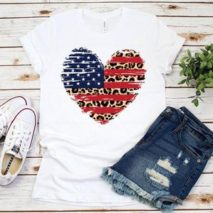 T-shirts pour femmes drapeau américain Leopard Print USA 4 juillet Shirt Short à manches courtes Top de coton O o coude de couche